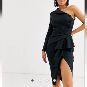 Asos one shoulder tuxedo dress midi black wedding guest